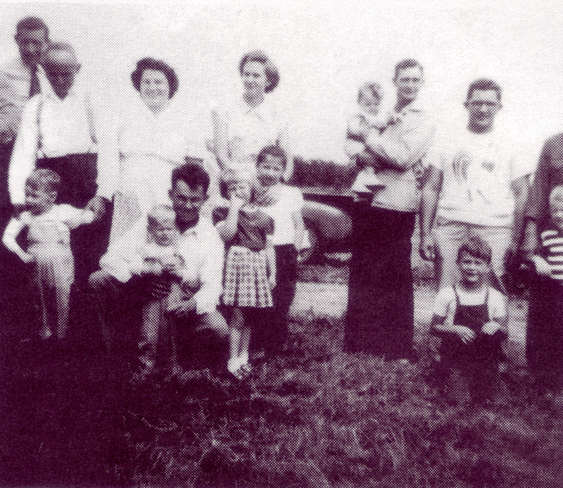 Lawrence, Steve holding Steve Schultz, Helen, friend Marilyn Meyer, Norbert holding Nancy, Nick, Bobby Paun holding Greg Rosandich, John kneeling, holding son Mark, Sharon Rosandich, Sharon Paun and Buddy Barten